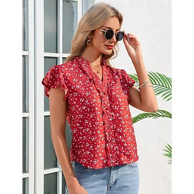 Women's Ruffle V-Neck Button-Down Blouse, Summer Trendy Casual Dressy Office Spring Top