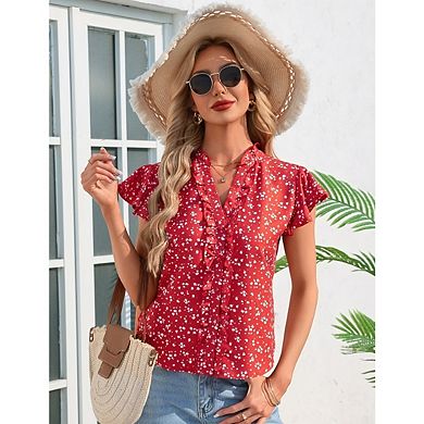 Women's Ruffle V-Neck Button-Down Blouse, Summer Trendy Casual Dressy Office Spring Top