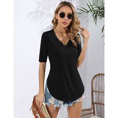 Womens Casual Lace V Neck Dressy Blouse Top Short Sleeve Basic Tunic Shirts