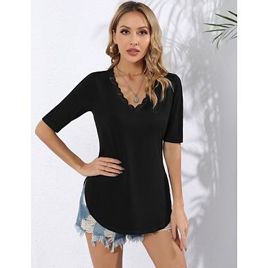 Womens Casual Lace V Neck Dressy Blouse Top Short Sleeve Basic Tunic Shirts