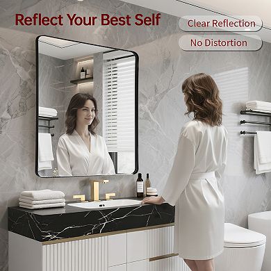 SUMERAIN 28"x36" Rounded CornerMirror,Matte Black Metal Frame,Shatterproof Tempered Glass Wall Mount