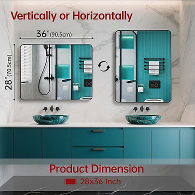 SUMERAIN 28"x36" Rounded CornerMirror,Matte Black Metal Frame,Shatterproof Tempered Glass Wall Mount