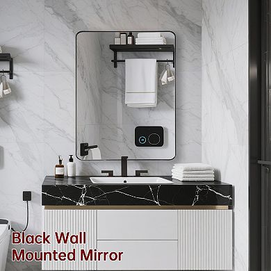 SUMERAIN 28"x36" Rounded CornerMirror,Matte Black Metal Frame,Shatterproof Tempered Glass Wall Mount