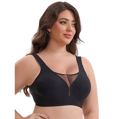Women's Mesh Plunge Wirefree Full Coverage Bras Wide Straps Seamless Lightweight Soft Bra