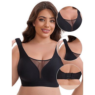 Women's Mesh Plunge Wirefree Full Coverage Bras Wide Straps Seamless Lightweight Soft Bra