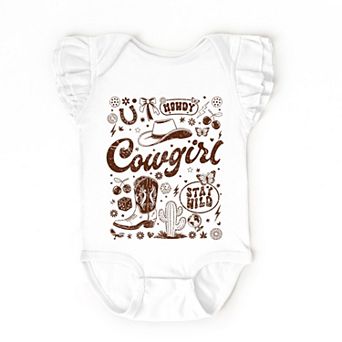 Cowgirl Sketched Icons - Baby Flutter Sleeve Bodysuit