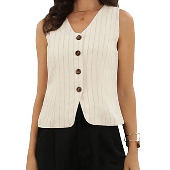 Vest Top for Women Striped V Neck Button Down Sleeveless Casual Waistcoat