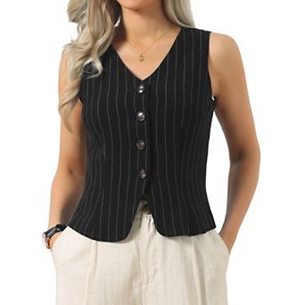 Vest Top for Women Striped V Neck Button Down Sleeveless Casual Waistcoat