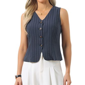 Vest Top for Women Striped V Neck Button Down Sleeveless Casual Waistcoat