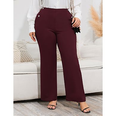 Plus Size Women Flared Trousers Long Dress Pants Casual Work Side Pockets Elastic Waist
