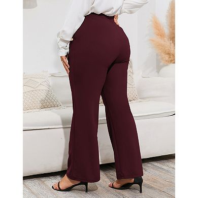 Plus Size Women Flared Trousers Long Dress Pants Casual Work Side Pockets Elastic Waist