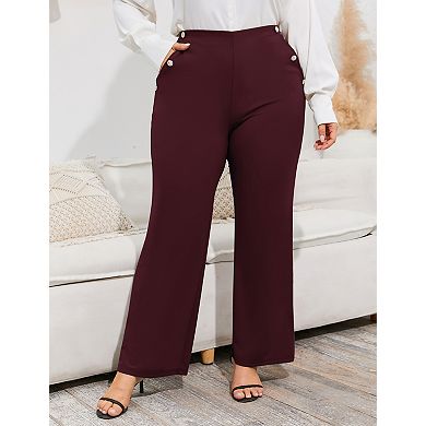 Plus Size Women Flared Trousers Long Dress Pants Casual Work Side Pockets Elastic Waist