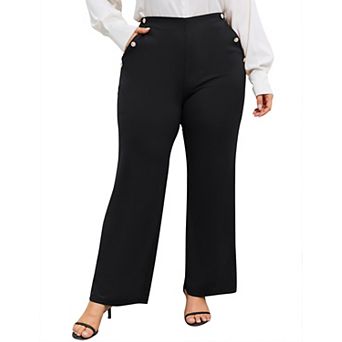 Plus Size Women Flared Trousers Long Dress Pants Casual Work Side Pockets Elastic Waist