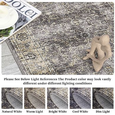 Distressed Area Rug Non Slip Foldable Low Pile Ultra Thin Pet Friendly Floor Cover for Bedroom