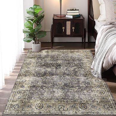Distressed Area Rug Non Slip Foldable Low Pile Ultra Thin Pet Friendly Floor Cover for Bedroom