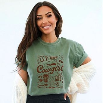 Cowgirl Sketched Icons - Women's Garment Dyed Graphic T-Shirt