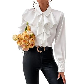 Women's Casual Ruffled Front Collar Neck Shirt Button Down Long Sleeve Blouse Top