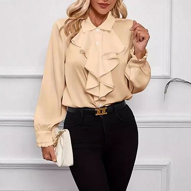 Women's Casual Ruffled Front Collar Neck Shirt Button Down Long Sleeve Blouse Top