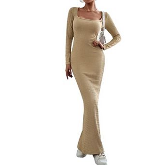 Women's Square Neck Long Sleeve Maxi Dress Ribbed Bodycon Soft Lounge Dress
