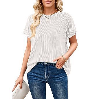 Women's Casual Loose Fit Ribbed Knit Pullover Summer Short Cap Sleeve T-Shirt Crew Neck Sleeve Tops