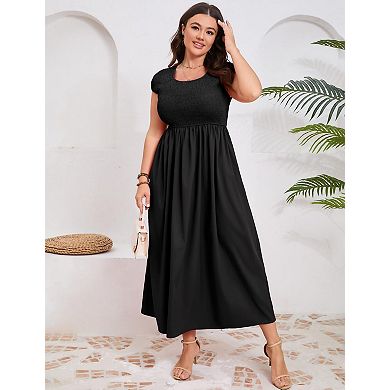 Women's Plus Size Shirred Short Sleeve Crewneck Swing Dress