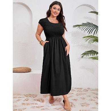 Women's Plus Size Shirred Short Sleeve Crewneck Swing Dress