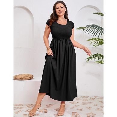 Women's Plus Size Shirred Short Sleeve Crewneck Swing Dress