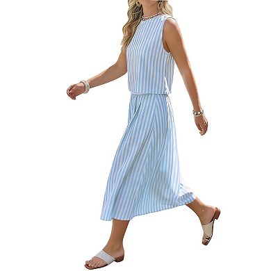 Striped Sleeveless Two Piece Set with Crop Top & Midi Skirt with Pockets