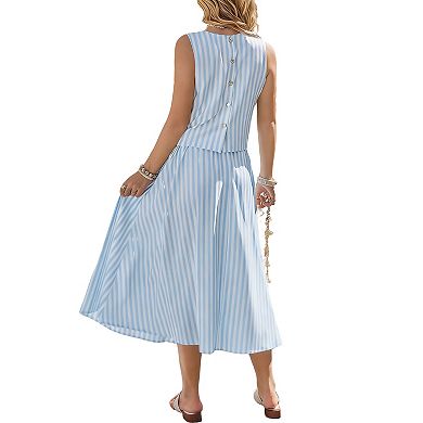 Striped Sleeveless Two Piece Set with Crop Top & Midi Skirt with Pockets