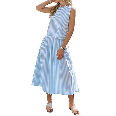 Striped Sleeveless Two Piece Set with Crop Top & Midi Skirt with Pockets