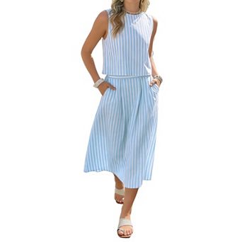 Striped Sleeveless Two Piece Set with Crop Top & Midi Skirt with Pockets