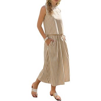 Striped Sleeveless Two Piece Set with Crop Top & Midi Skirt with Pockets
