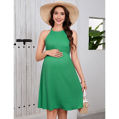 Women's Maternity Knit A-Line Midi Dress Soft Stretchy Crewneck