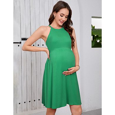 Women's Maternity Knit A-Line Midi Dress Soft Stretchy Crewneck