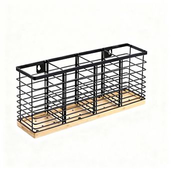 4-Compartment Matte Black Metal & Wood Utensil Holder for Farmhouse Kitchen