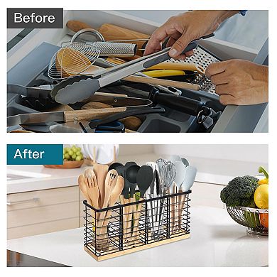 4-Compartment Matte Black Metal & Wood Utensil Holder for Farmhouse Kitchen