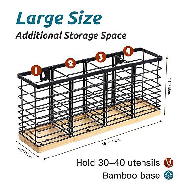 4-Compartment Matte Black Metal & Wood Utensil Holder for Farmhouse Kitchen