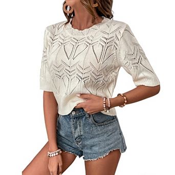 Women Openwork Knit Short Sleeve Crop Top with Scalloped Round Neck & Ribbed Hem