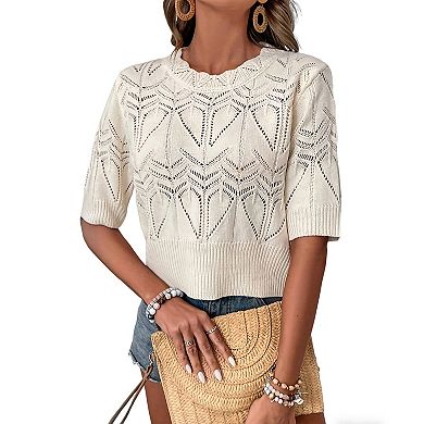 Women Openwork Knit Short Sleeve Crop Top with Scalloped Round Neck & Ribbed Hem