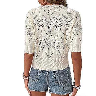 Women Openwork Knit Short Sleeve Crop Top with Scalloped Round Neck & Ribbed Hem
