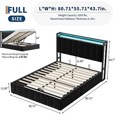 Lift Up Storage Bed Frame, with Charging Station & LED Lights, Metal Platform Bed