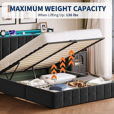 Lift Up Storage Bed Frame, with Charging Station & LED Lights, Metal Platform Bed