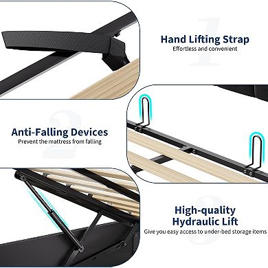 Lift Up Storage Bed Frame, with Charging Station & LED Lights, Metal Platform Bed