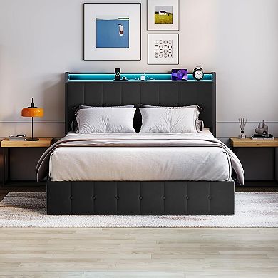 Lift Up Storage Bed Frame, with Charging Station & LED Lights, Metal Platform Bed