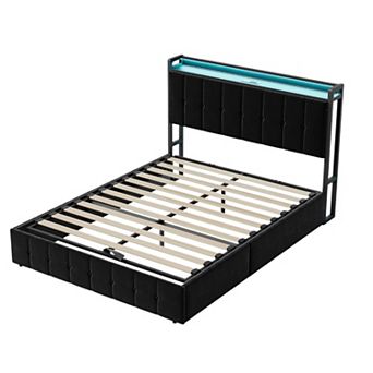 Lift Up Storage Bed Frame, with Charging Station & LED Lights, Metal Platform Bed