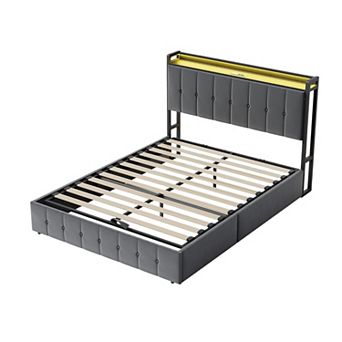 Lift Up Storage Bed Frame, with Charging Station & LED Lights, Metal Platform Bed