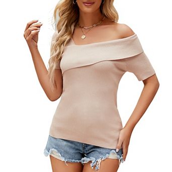 Women Asymmetrical Off Shoulder Ribbed Knit Top with Short Sleeves Form-Fitting Blouse