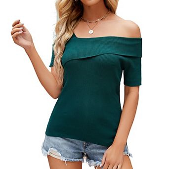 Women Asymmetrical Off Shoulder Ribbed Knit Top with Short Sleeves Form-Fitting Blouse