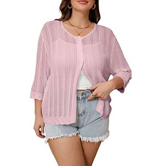 Plus Size Women's 3/4 Sleeve Lightweight Knit Cardigan