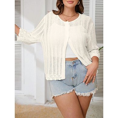 Plus Size Women's 3/4 Sleeve Lightweight Knit Cardigan